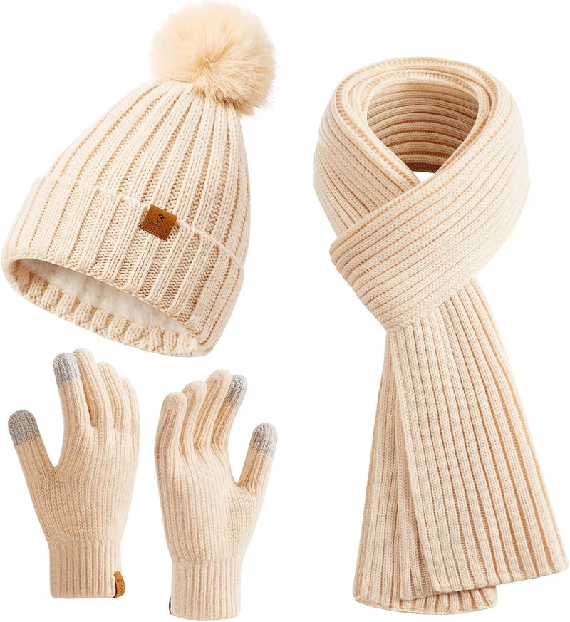 Coolprince Womens Long Scarf Gloves and Hat Set Cold Weather Hat Scarf Glove Set for Women Winter Beanie Hats with Pom Pom - Image 1